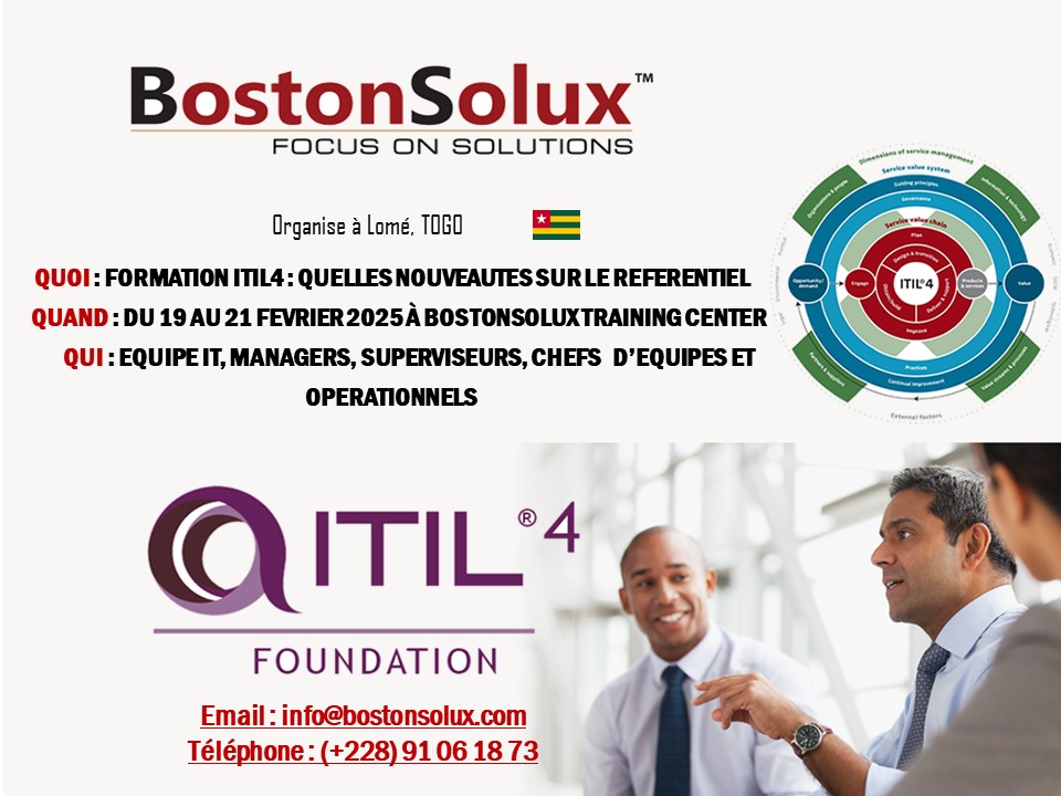 Formation ITIL4 Foundation du 19 au 21 Février 2025 à  BostonSolux Training Center